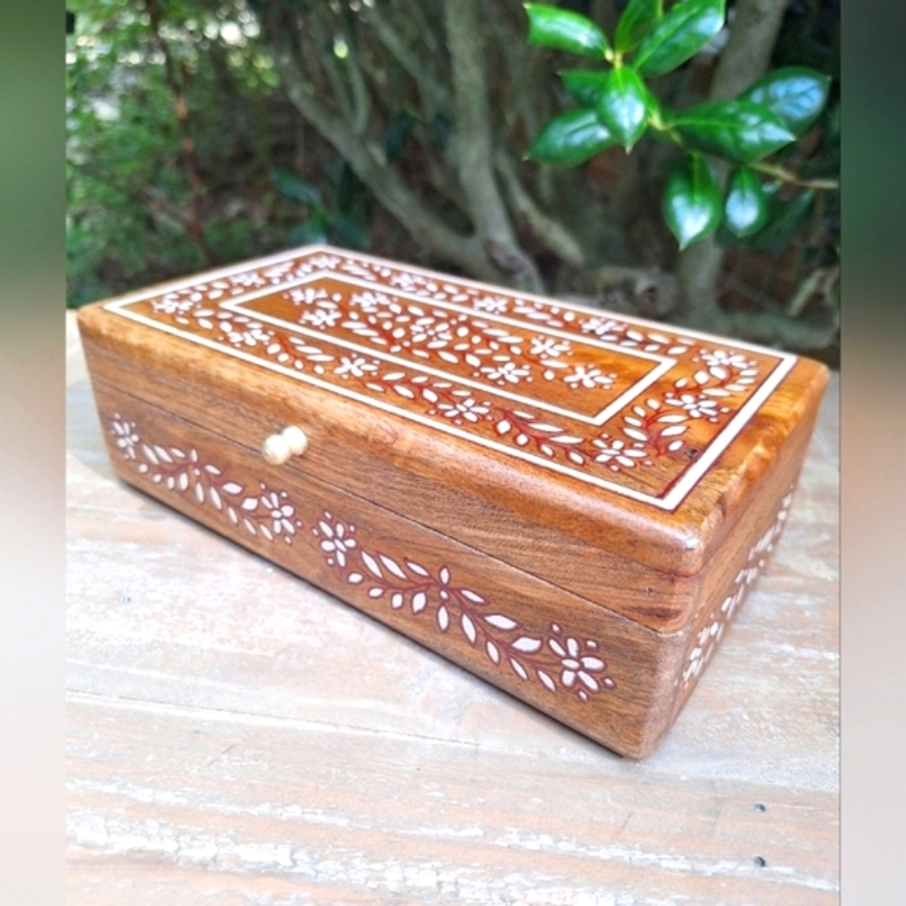 Wooden Box with Hinged Lid Jewelry  Trinket Box Rectangle Table Top Gold Handle